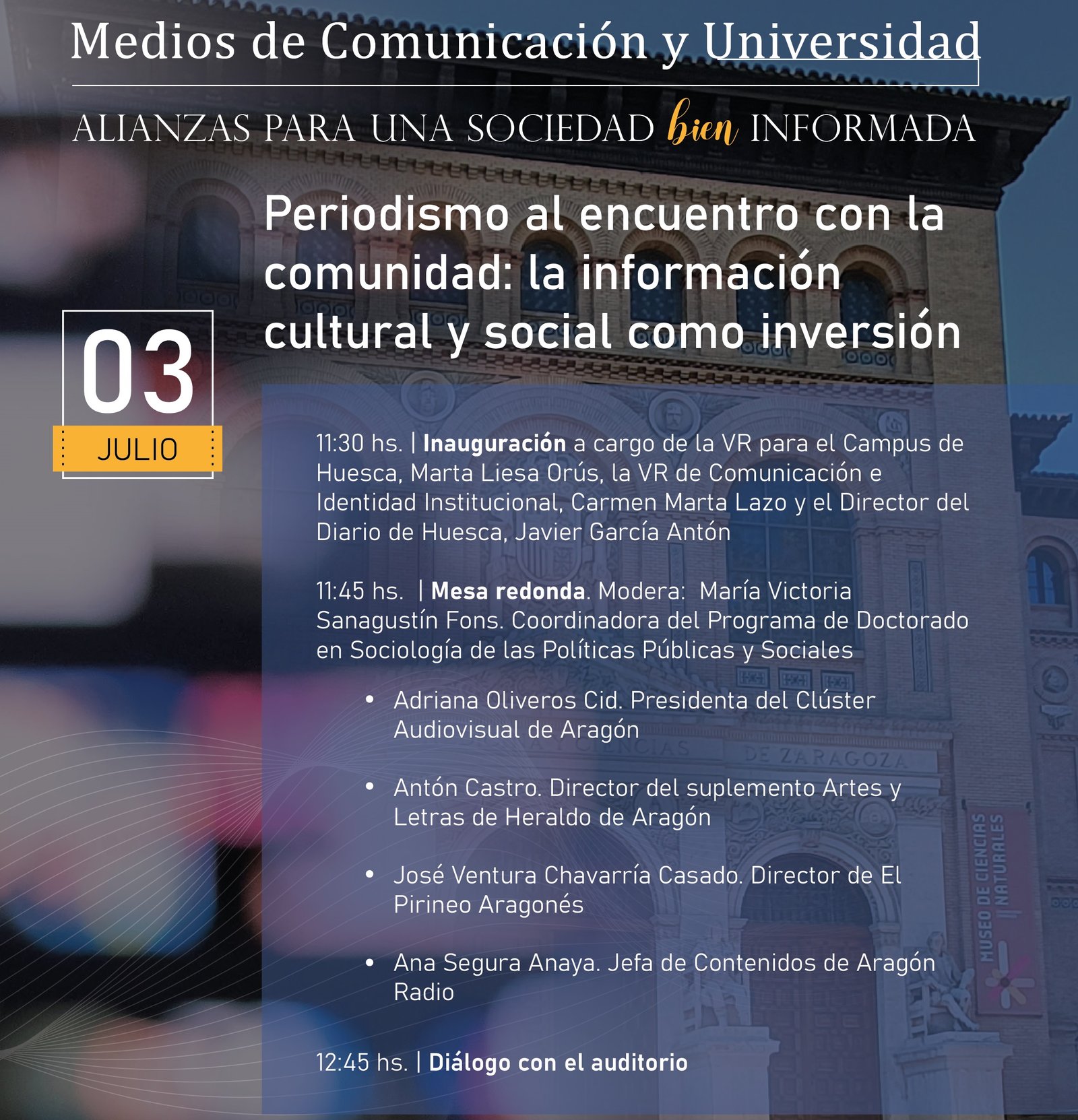 La información cultural y social, protagonista del ciclo “Medios de Comunicación y Universidad» de la Universidad de Zaragoza