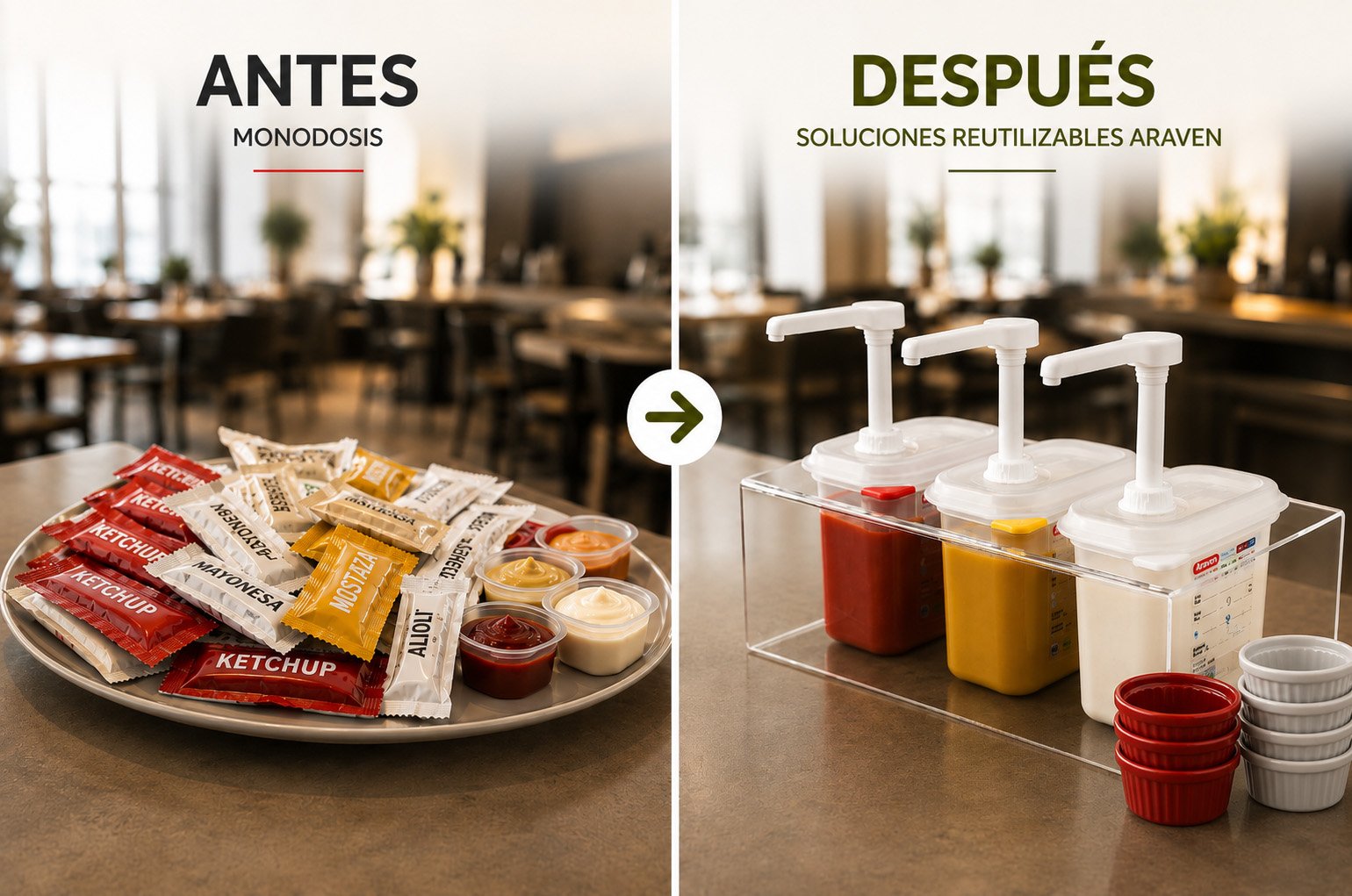 Araven ofrece más de 60 soluciones reutilizables para decir adiós a las monodosis de salsas en la hostelería